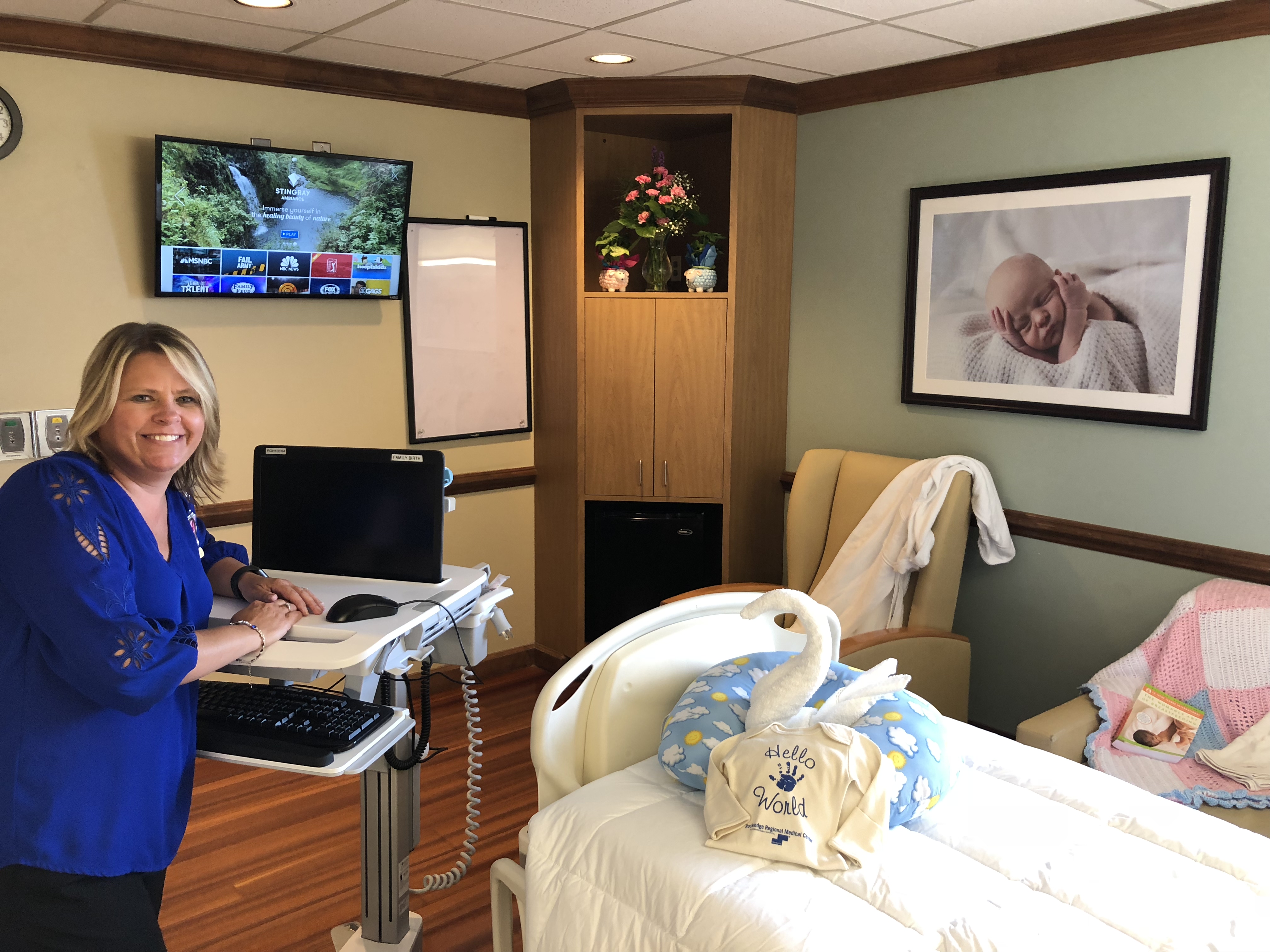 Kristy Brackett, BSN, RN, director of maternal child services at Rockledge Regional Medical Center, is all smiles in the freshly renovated suites at Steward Family Birthplace. The hospital has launched its Signature Maternity program with numerous enhancements that include complimentary plush bathrobes, upgraded linens and towels, natural and organic bath products, and a pregnancy concierge service.