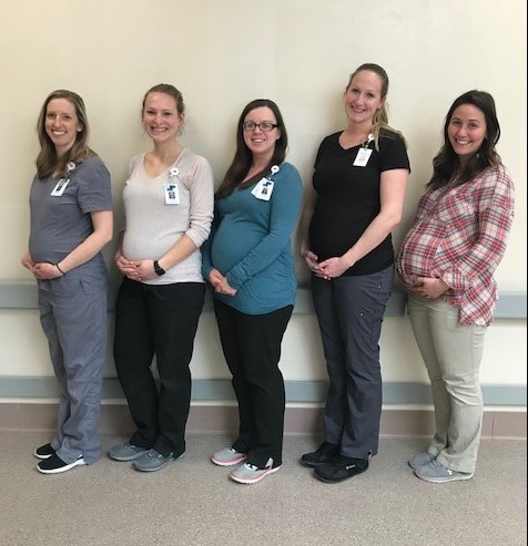 Picture of 5 therapists at Hillside Rehabilitation Hopsital, all of whom are expecting in 2019