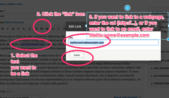 Select the text, click the link icon, enter http://... or mailto:some@example.com in the popup, and save
