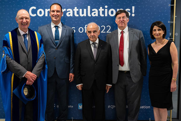 Left to right - The Principal of Queen Mary Colin Bailey; Minister for Education, Sport, Youth, Research and Innovation Hon. Clifton Grima; His Excellency George Vella, President of Malta; Professor Anthony Warrens, Dean for Education QMUL and the President of Steward Health Care Malta, Dr Nadine Delicata.